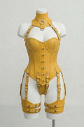 Yellow Leather Over Bust Corset With Harness Set