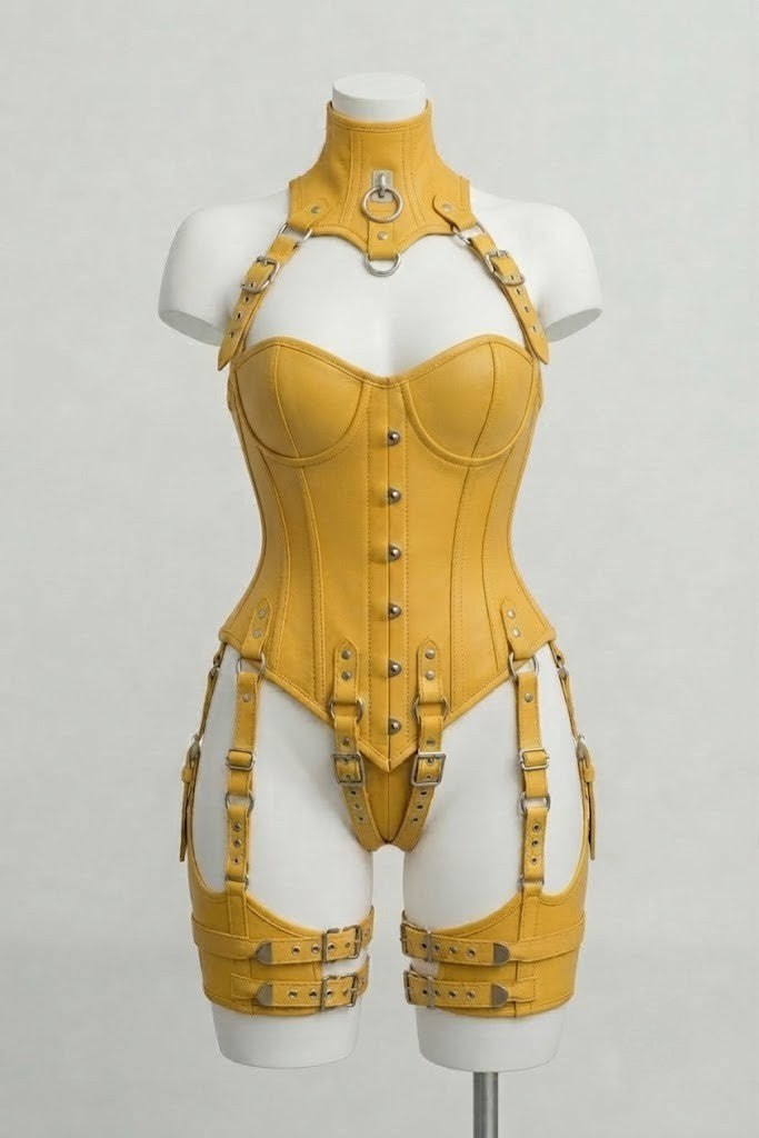 Yellow Leather Over Bust Corset With Harness Set