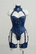 Royal Blue Leather Over Bust Corset With Harness Set