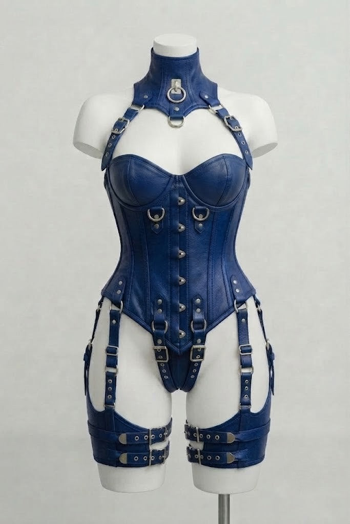 Royal Blue Leather Over Bust Corset With Harness Set