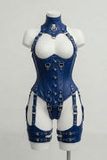 Blue Leather Corset With Harness Set