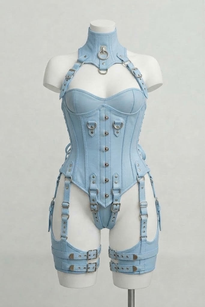 Baby Blue Leather Over Bust Corset With Harness Set