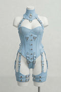 Baby Blue Leather Over Bust Corset With Harness Set