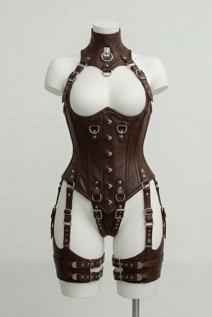 Chocolate Leather Corset With Harness