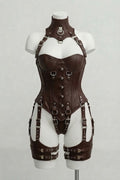Chocolate Leather Over Bust Corset With Harness Set
