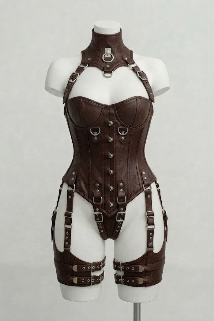 Chocolate Leather Over Bust Corset With Harness Set