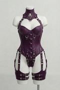 Deep Purple Leather Over bust Corset With Harness set