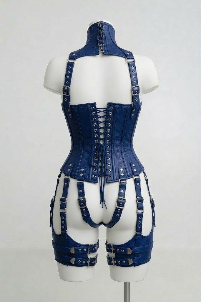 Blue Leather Corset With Harness Set