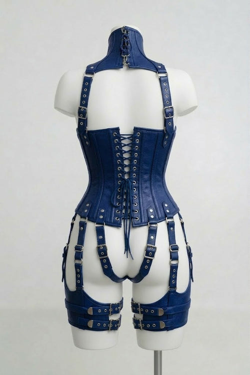 Blue Leather Corset With Harness Set