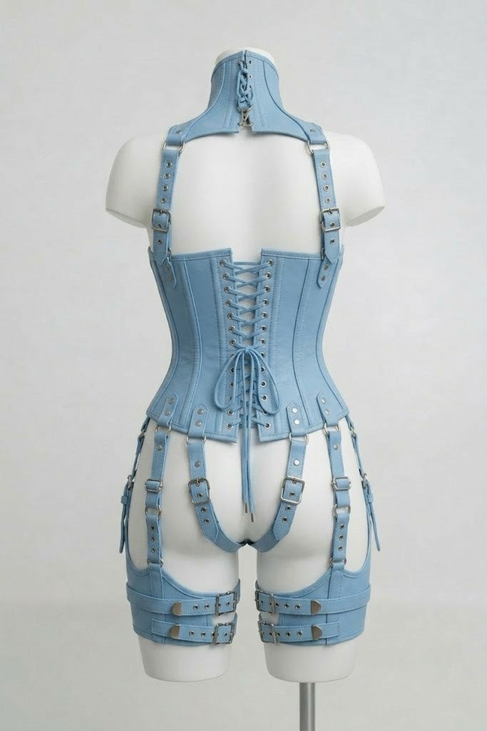 Baby Blue Leather Over Bust Corset With Harness Set