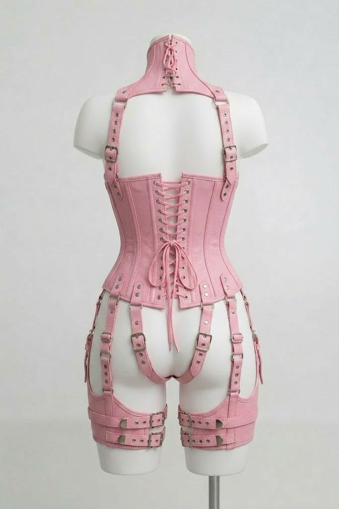 Pink Leather Over Bust Corset With Harness Set