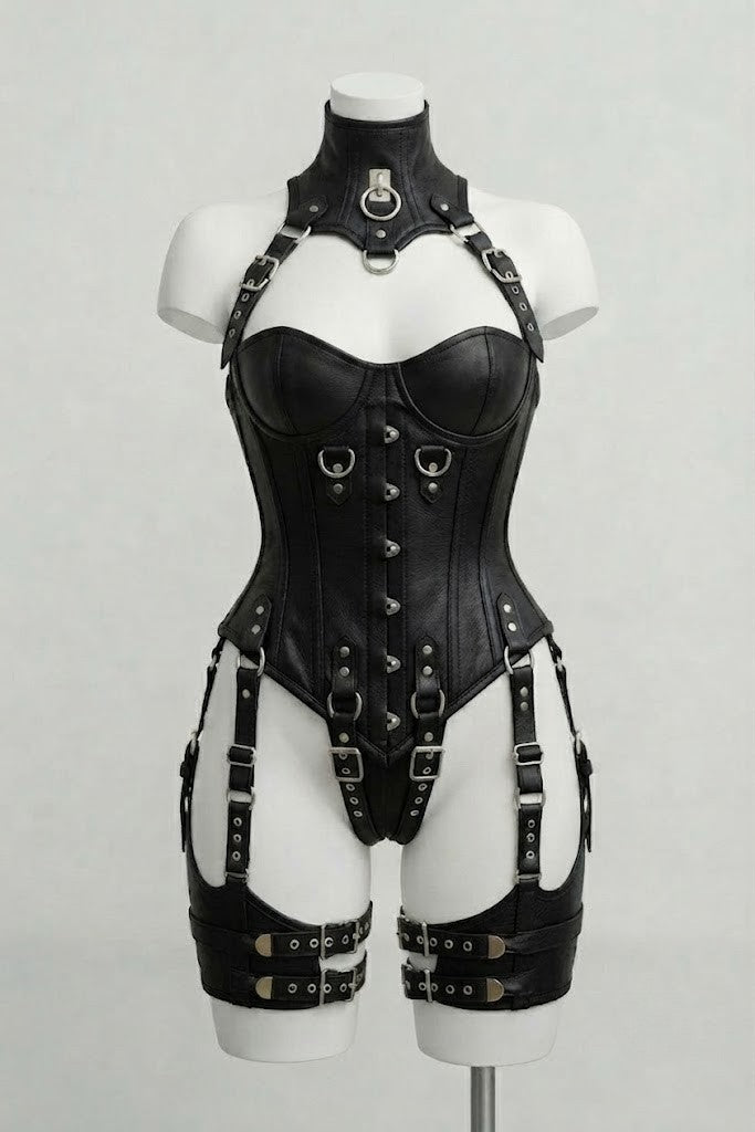 Black Leather Over Bust Corset With Harness Set