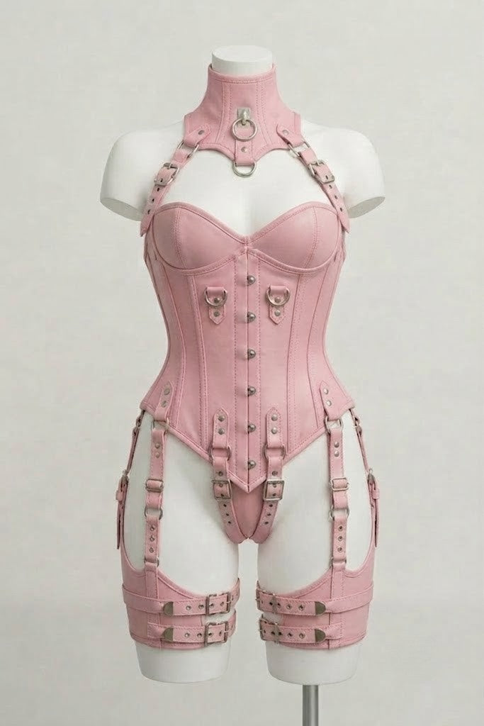 Pink Leather Over Bust Corset With Harness Set