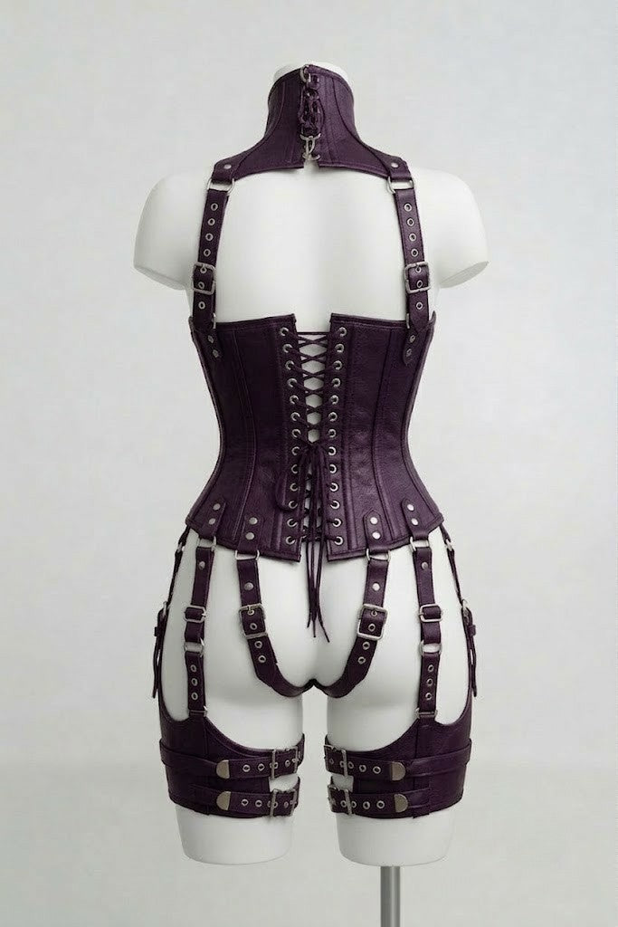 Deep Purple Leather Corset With Harness