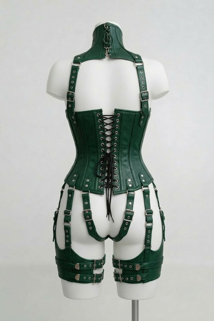 Forest Green Leather Over Bust Corset With Harness