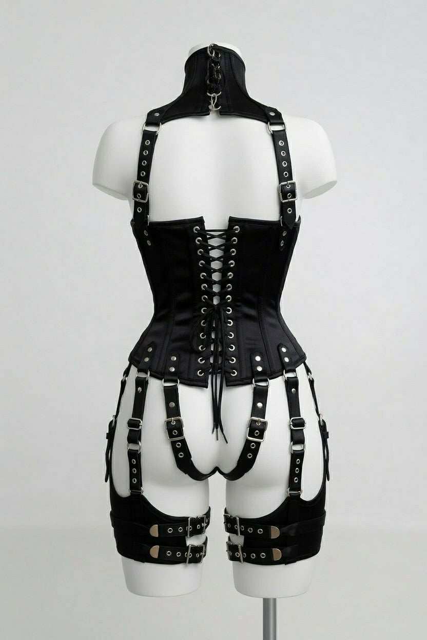 Black Satin Corset With Harness Set
