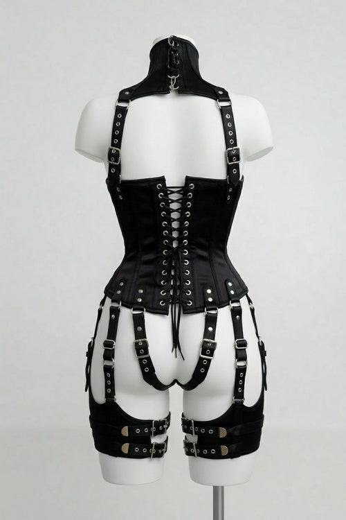 Black Satin Corset With Harness Set