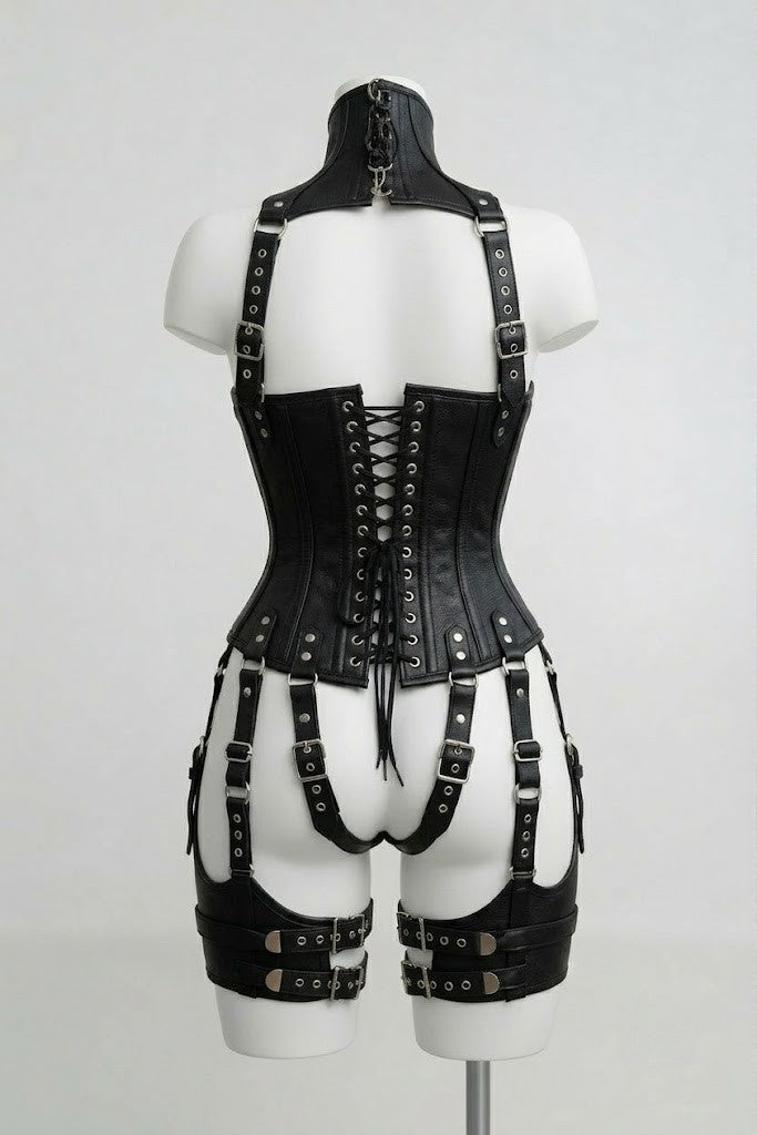 Black Leather Over Bust Corset With Harness Set