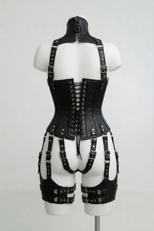 Black Leather Over Bust Corset With Harness Set